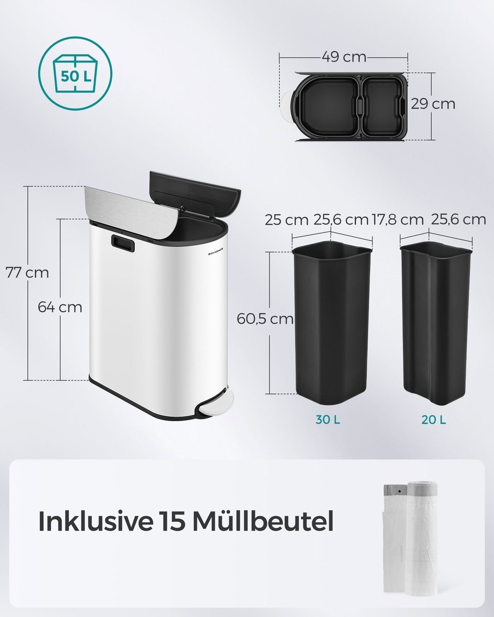 stalen prullenbak, wolk wit metallic zilver, 20l & 30l capaciteit